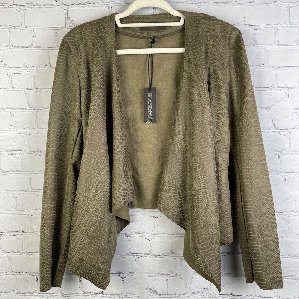 BLANK NYC olive green faux suede snake print open front drape jacket NWT, size L